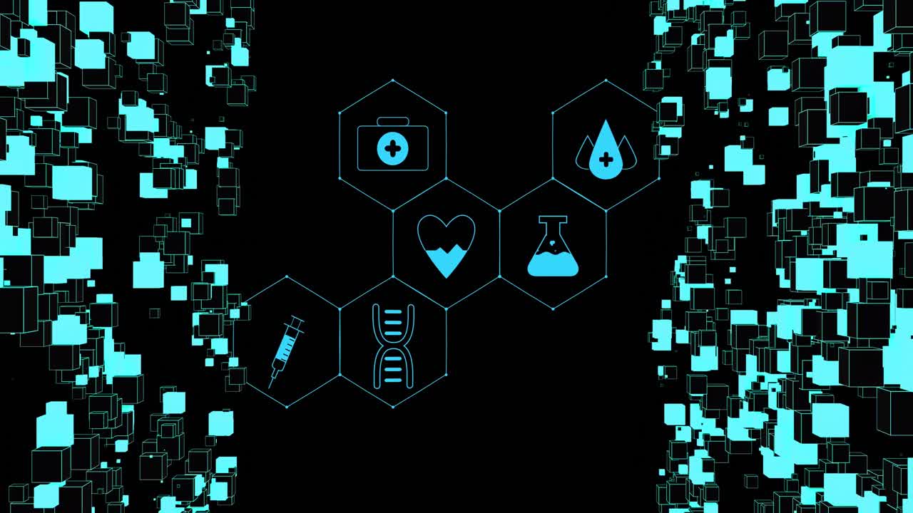 Animation of medical icons and shapes on black background
