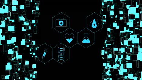 animation of medical icons and shapes on black background