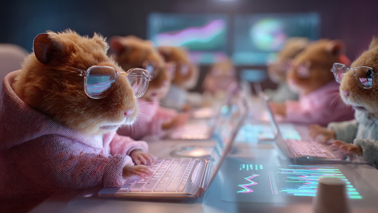 A group of highly intelligent hamsters, each wearing stylish glasses and cozy sweaters, are intently focused on their high-tech laptops, analyzing data with impressive teamwork and concentration