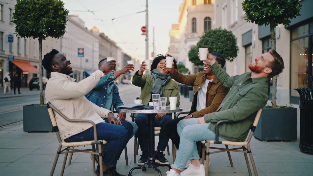 Amici che ridono, brindando con bicchieri di carta in un caffè cittadino con l'uomo a destra che inizia un brindisi, telefono sul tavolo.