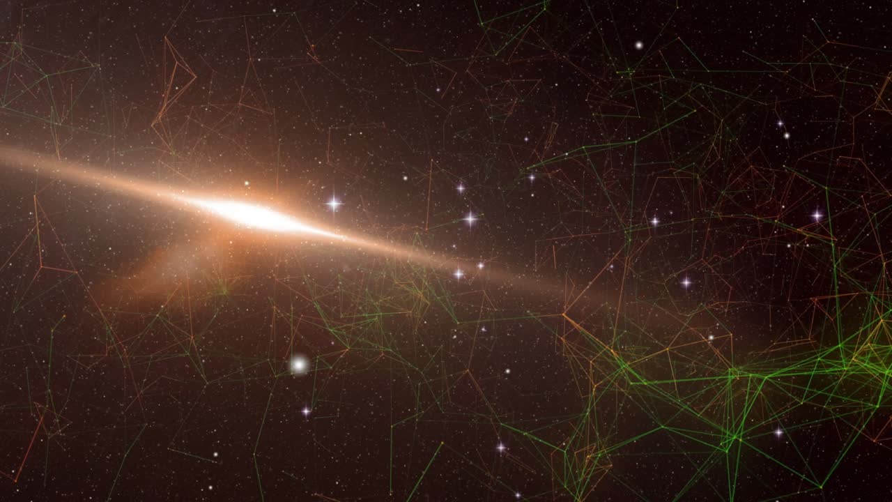 Camera zooming through wireframe mesh with light streaks forming glowing galactic disc cosmic depth