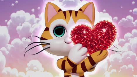 cute cartoon cat holding a sparkling heart