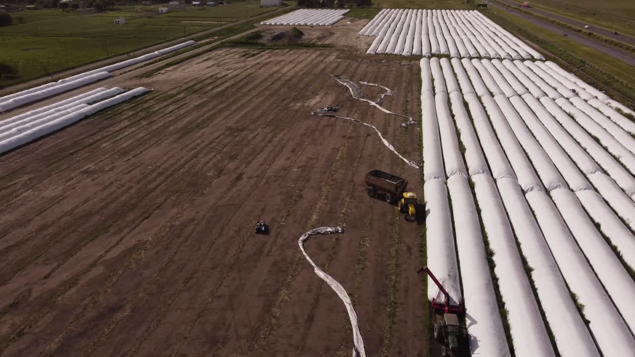 tractores sacando cosecha de bolsas de silo en finca de la provincia de buenos aires