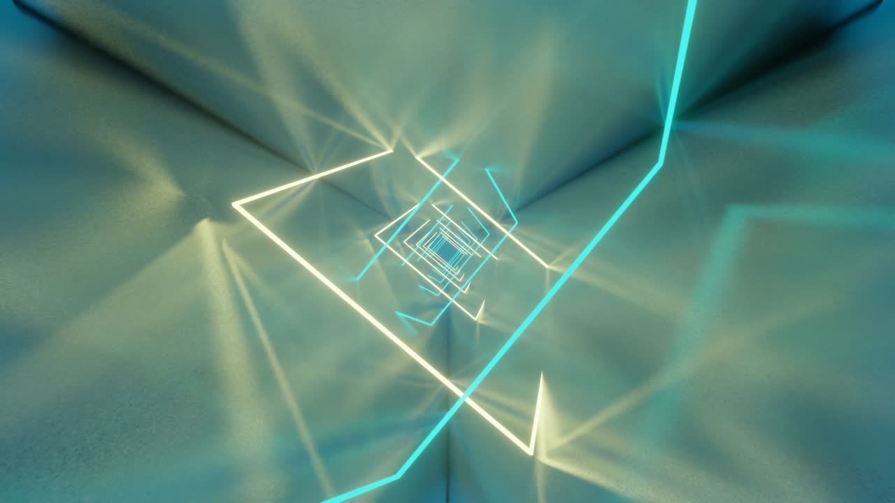 3d 렌더링: 플루오레센트 자외선으로 퓨처리스틱한 배경, 빛나는 네온 라인과 함께 원활한 루프 애니메이션, 무한한 터널 안에서 앞으로 나아가는 현대적인 다채로운 조명