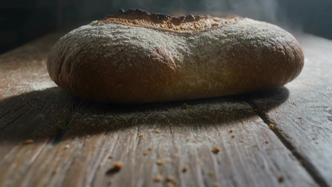 Inquadratura che si abbassa rivelando una pagnotta fumante su un tagliere con briciole in cucina, mostrando la sua grana.