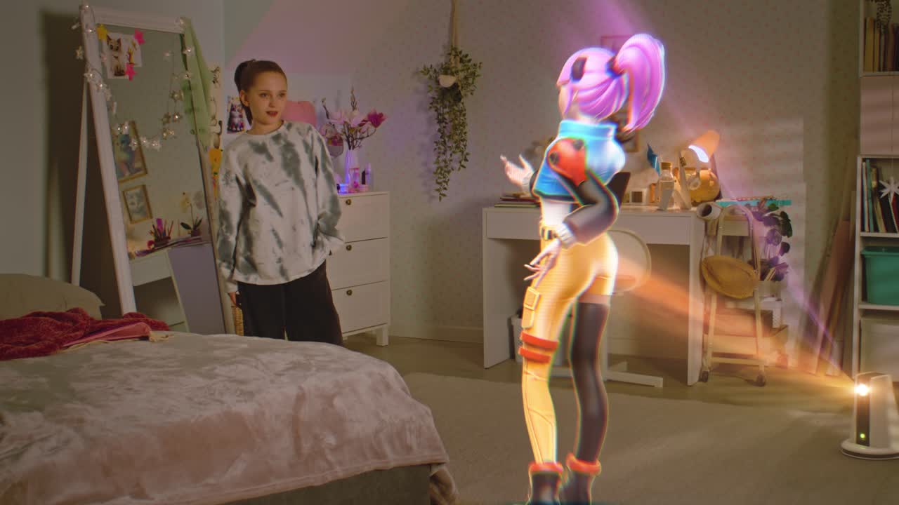 la chica experimenta la realidad virtual en el dormitorio