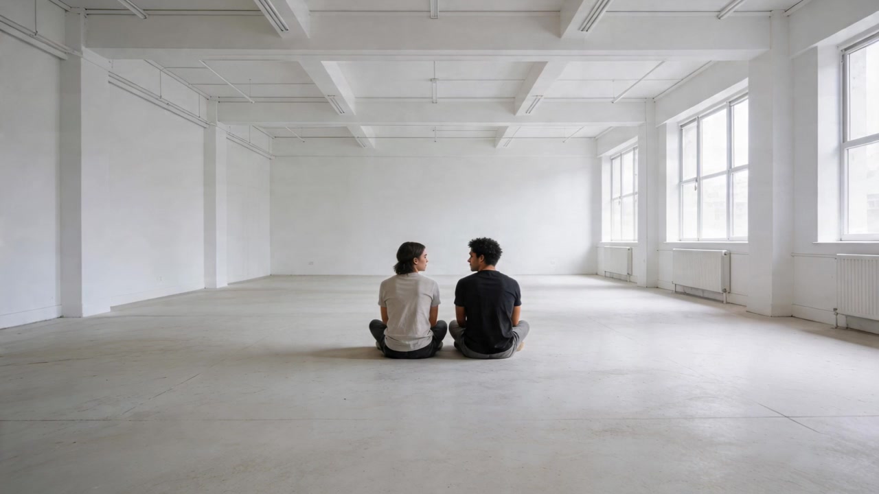 Dos adultos intercambiando miradas, hablando, enderezándose y mirando hacia las ventanas en un loft blanco, acomodándose.