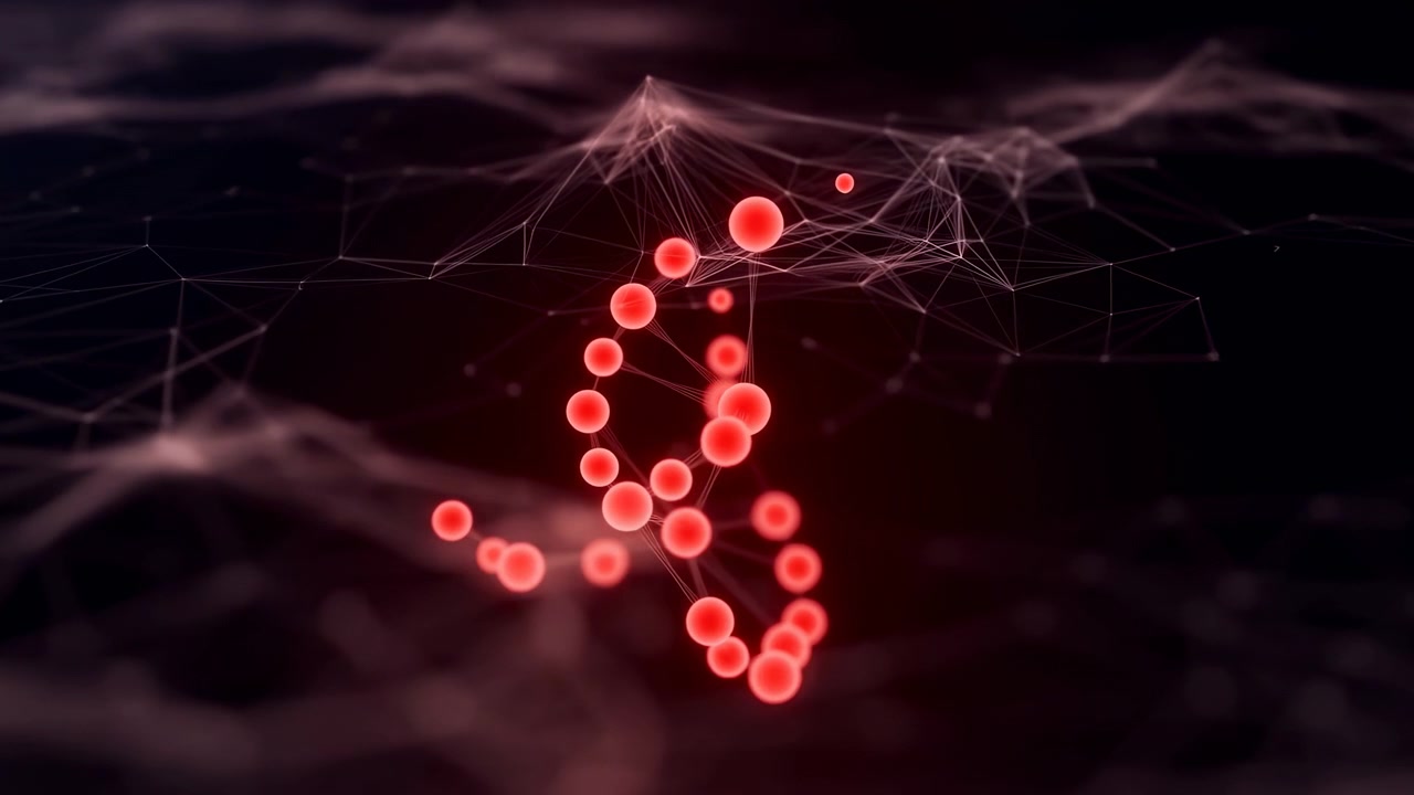 Un grappolo di sfere rosse lucide al centro in basso si riconfigura in anelli collegati e una catena a spirale, mentre è sospeso contro una delicata rete di filamenti chiari attraverso la parte superiore dell'inquadratura.