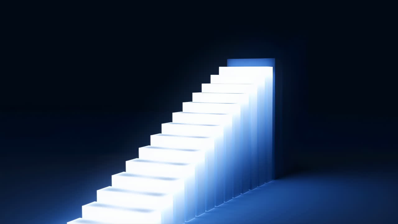 Abstract Glowing Stairs Rising Upwards in Darkness