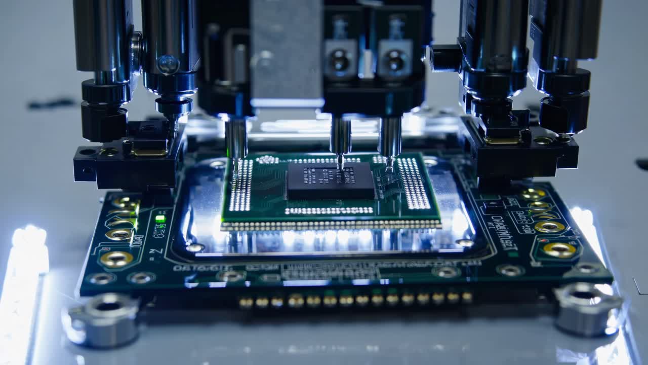Primo piano e ripresa dall'alto di un processo di assemblaggio di microchip, che mostra la tecnologia di precisione.