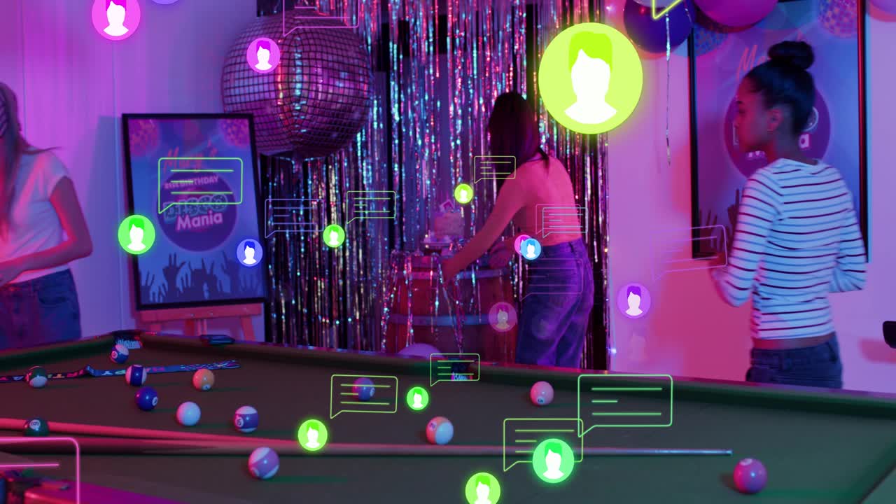 Women chatting in disco room moving to pool table, preparing game, chat icons floating over scene