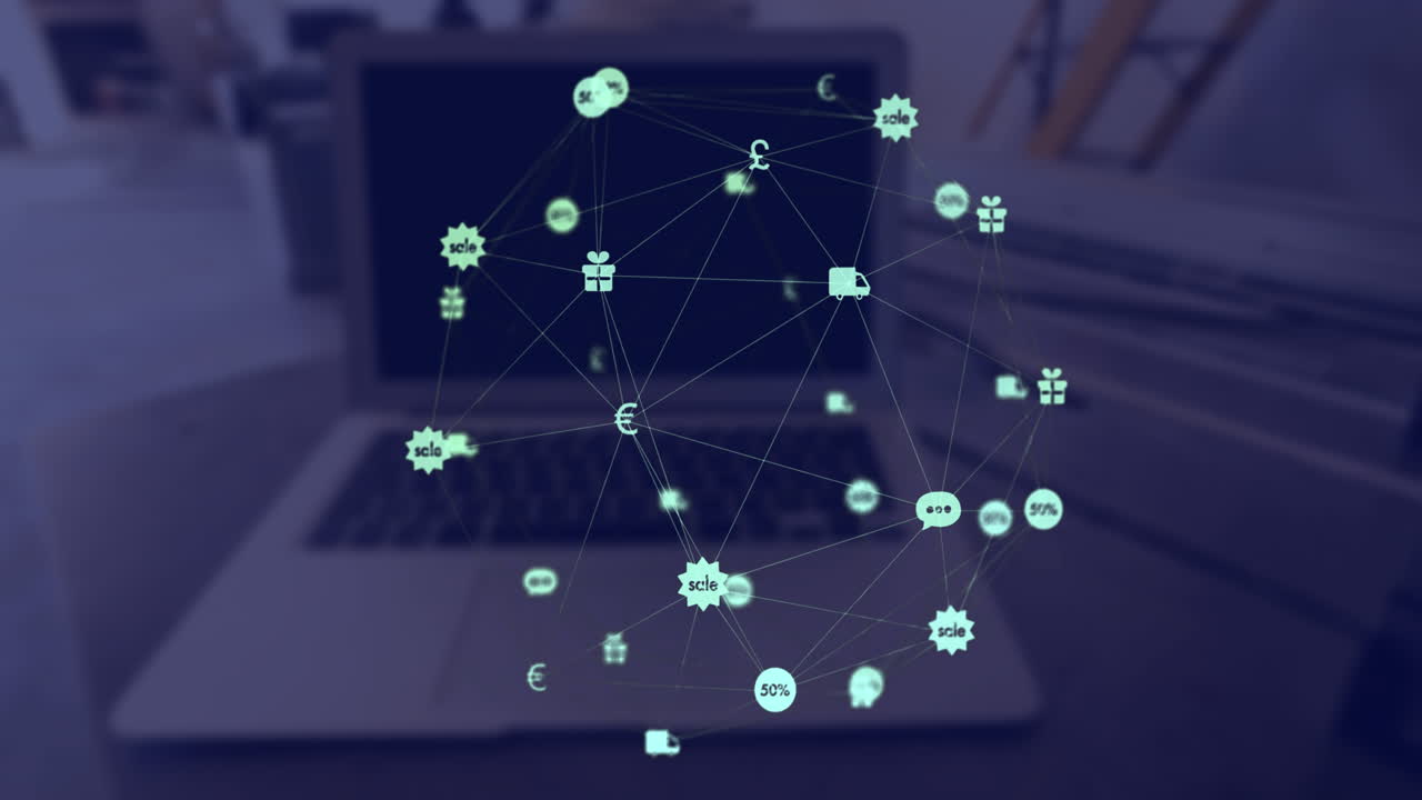 vídeo compuesto digital de la red de conexiones con iconos que se mueven contra el portátil en el fondo