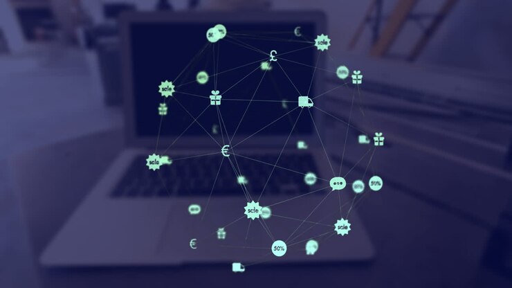 Digital composite video of web of connections with icons moving against laptop in background
