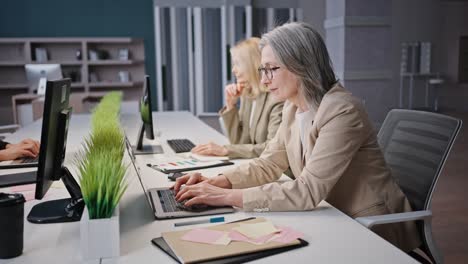 positive grey haired mature woman manager typing on laptop, working at office with colleagues, tracking shot