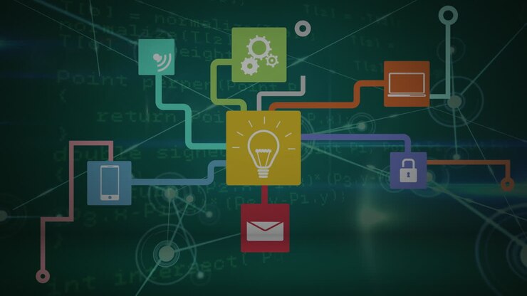 Animazione di rete di connessioni con icone di persone ed elaborazione dati su griglia