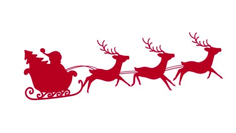 Digital-animation-of-red-silhouette-of-santa-claus-in-sleigh-being-pulled-by-reindeers-against-white