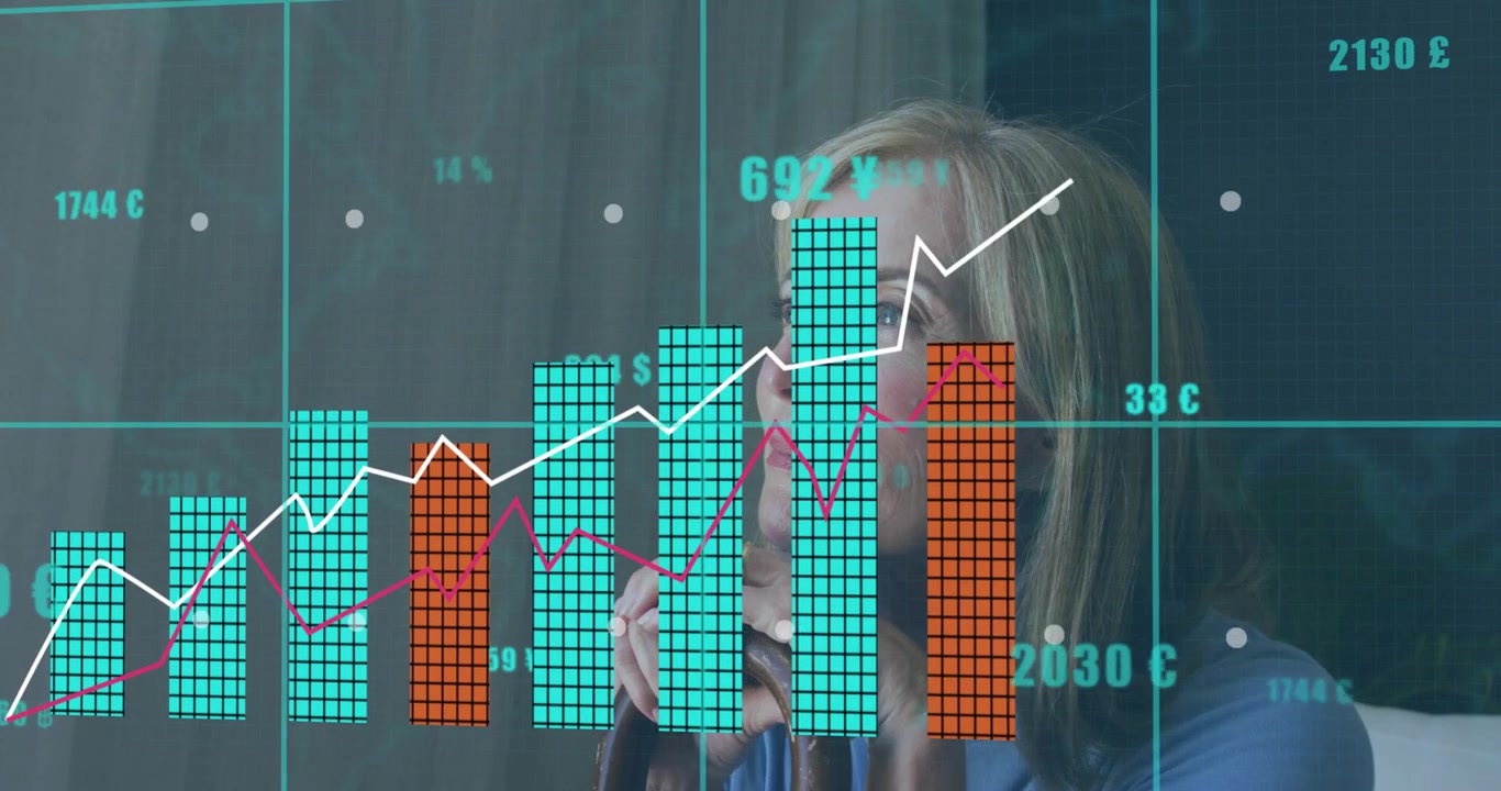 Mature woman resting chin, finance overlay appearing, bars rising, gaze following, assessing money