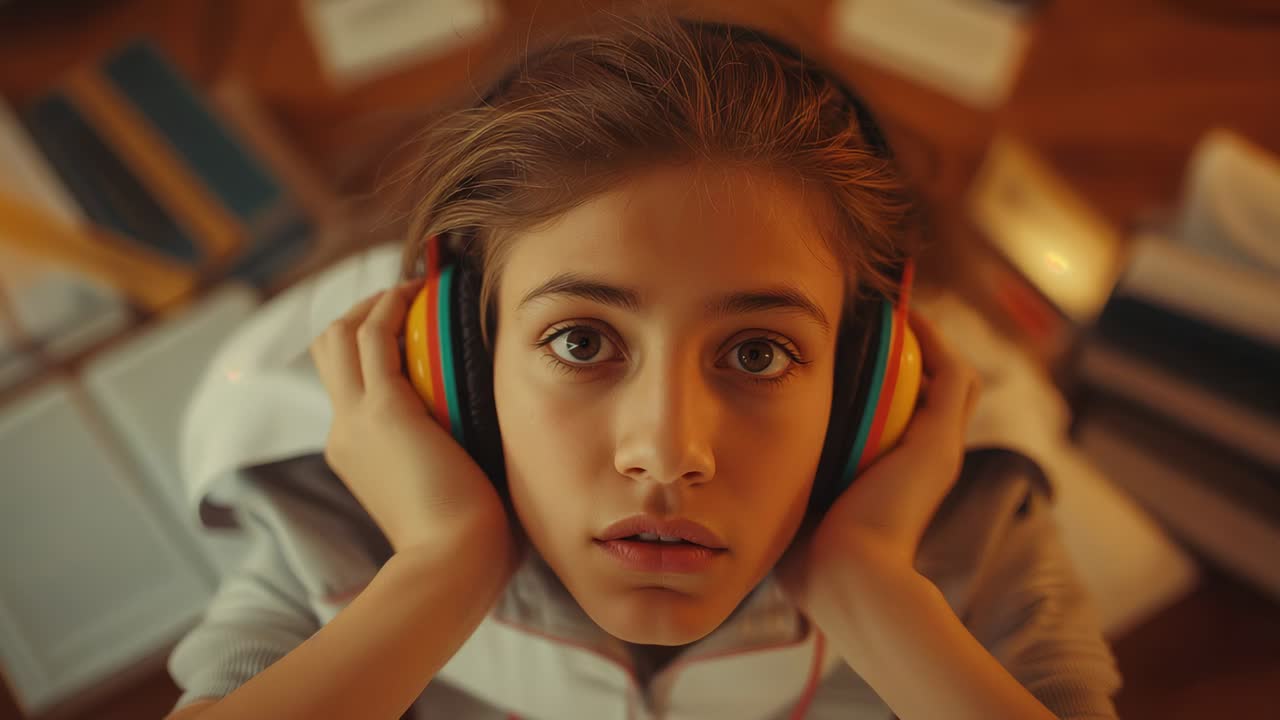 Pressing teen in hoodie holding headphones at desk during late study with open books, dozing