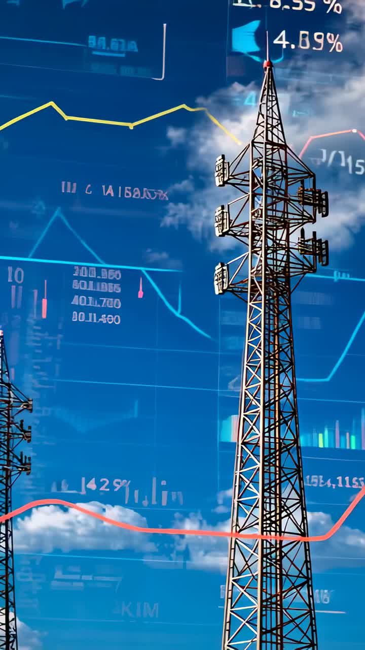 Vertical video: Fading yellow trendline charting network trends near cell tower at site, copy space