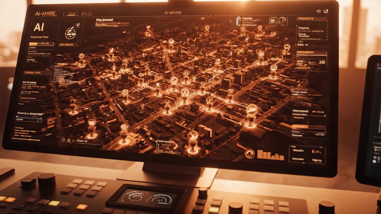 Interfaccia di controllo AI avanzata in uno spazio di lavoro moderno con visualizzazione dati e analisi di mappe cittadine visualizzate su più schermi sotto illuminazione ambientale.