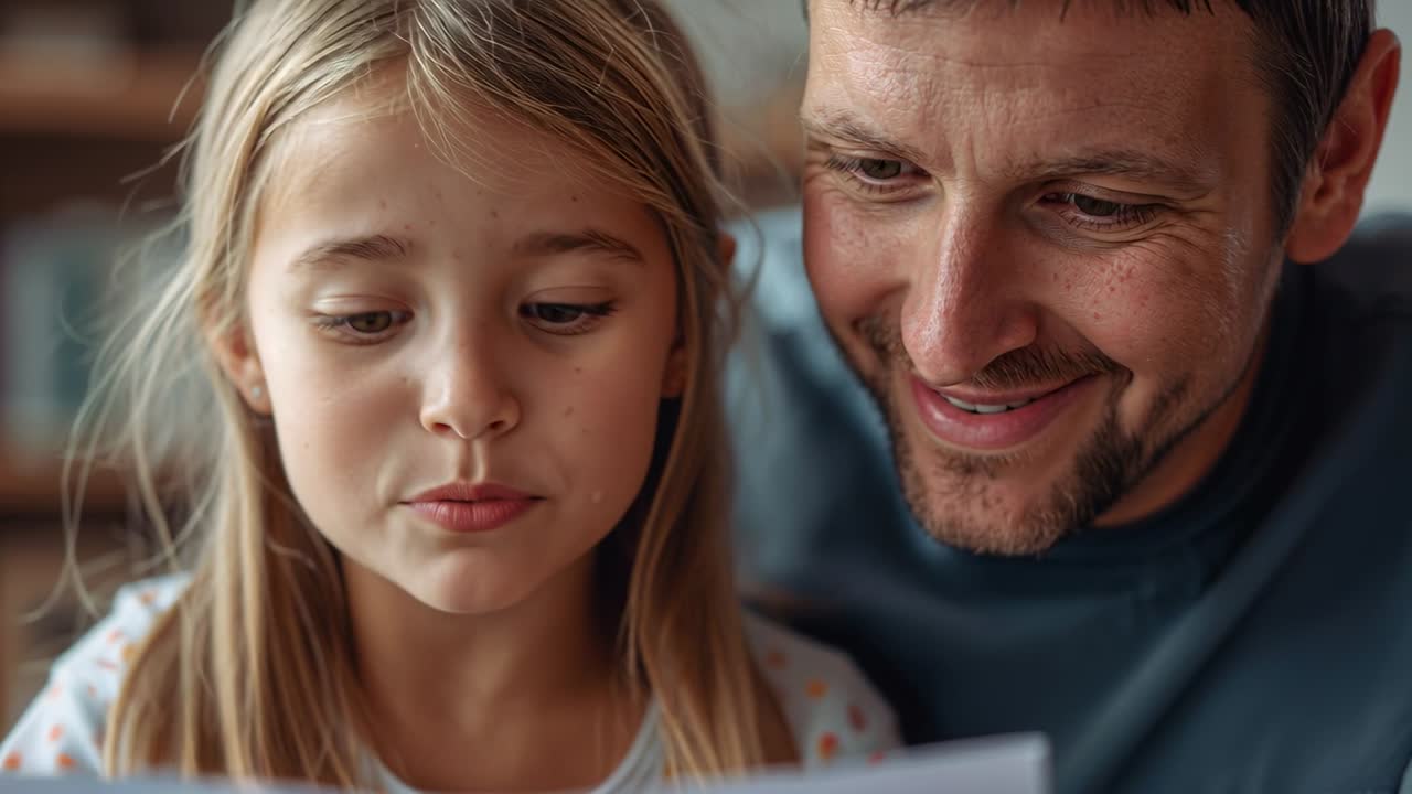 Ragazza in maglia a pois chiari che indica, impara da un foglio a casa, con il papà che si china ad aiutarla.