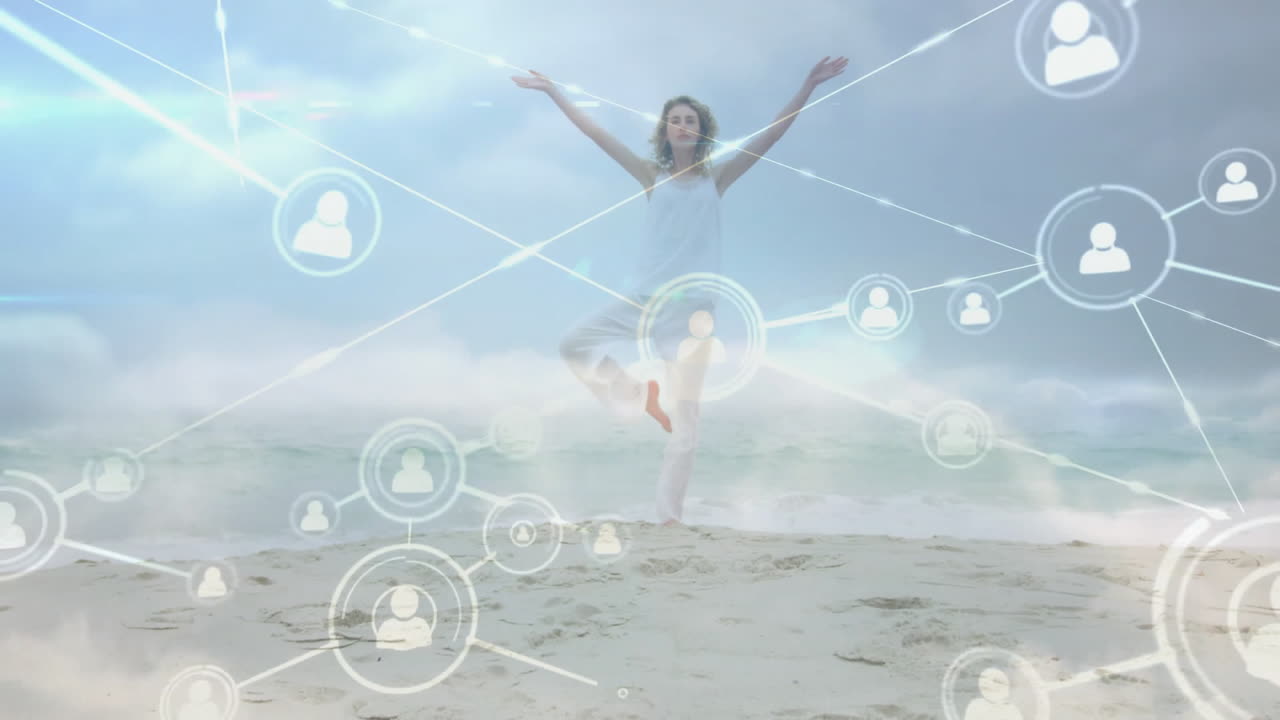 Woman practicing yoga on beach with network connections animation overlay