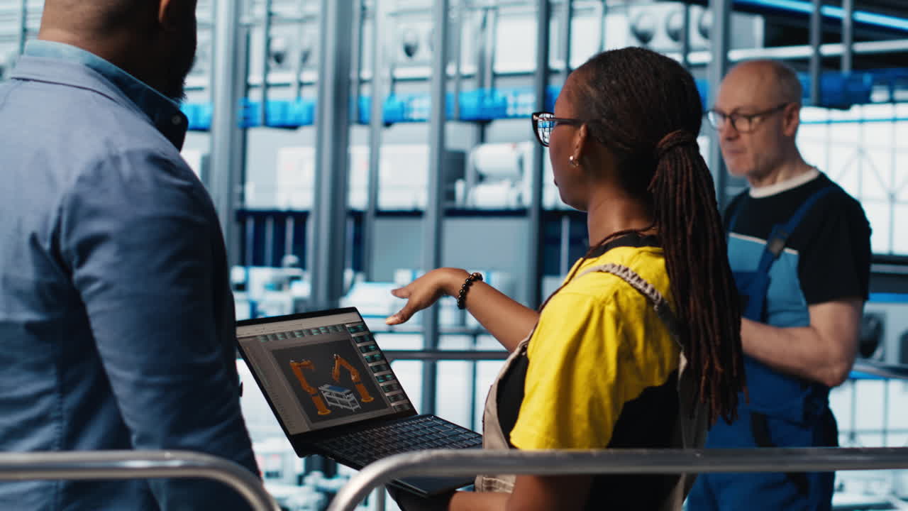 Engineers meeting with smart factory investor, showing data