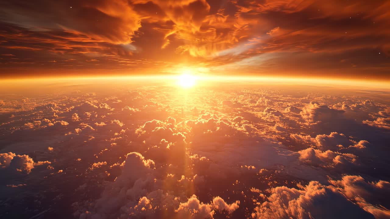 A breathtaking aerial view of a vibrant sunset over clouds, captured in a cinematic style