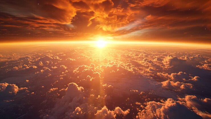 A breathtaking aerial view of a vibrant sunset over clouds, captured in a cinematic style