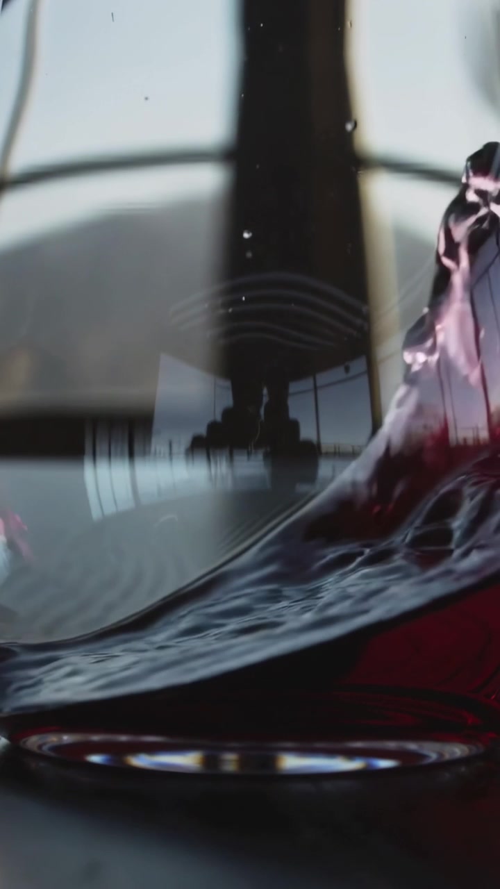 Vertical video: Showing stemless glass reacting to subtle disturbance on table by window, red wine