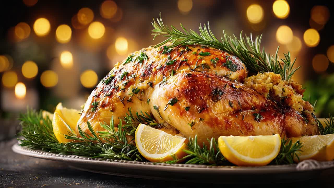 Succulent Roast Chicken Garnished with Fresh Herbs and Lemon, Exuding Aromatic Flavors Under a Warm, Festive Lights Background