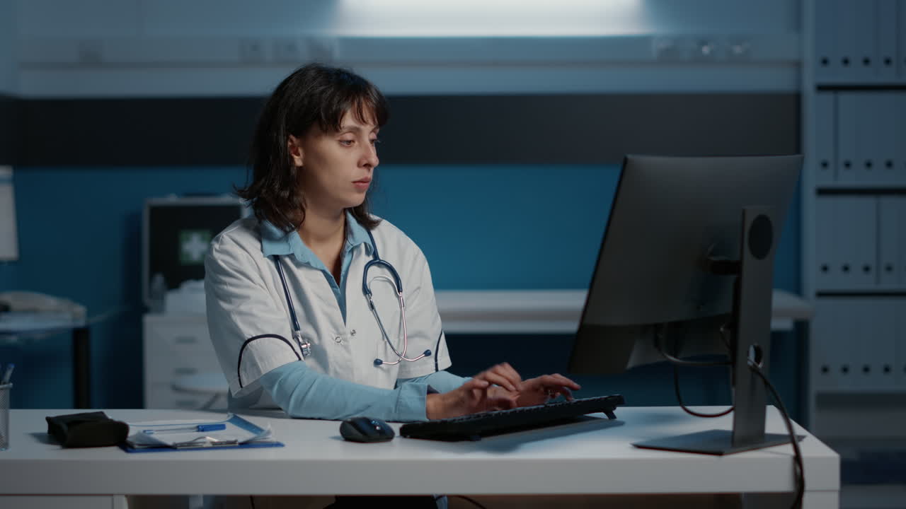 Female doctor working on computer in office