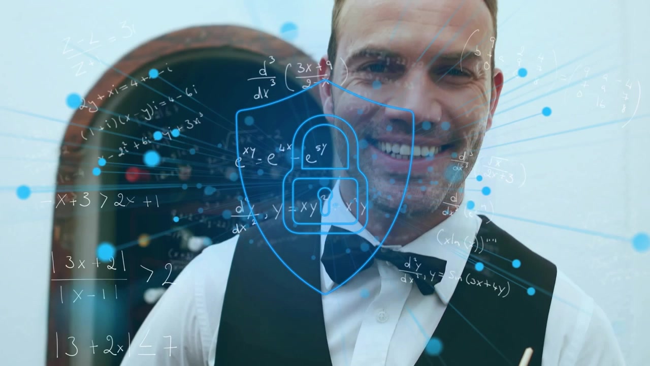 Animation of mathematical equations and security padlock icon against caucasian male waiter smiling