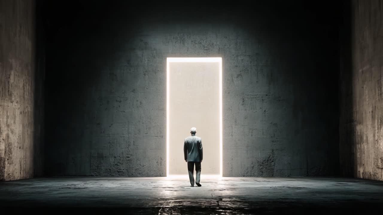 Un viaggio attraverso la trasformazione: un uomo solitario in piedi sulla soglia di un portale illuminato, che simboleggia speranza, opportunità e nuovi inizi in mezzo all'oscurità.