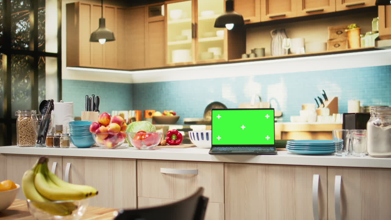 Green screen on laptop in modern home kitchen with cupboards and cookware