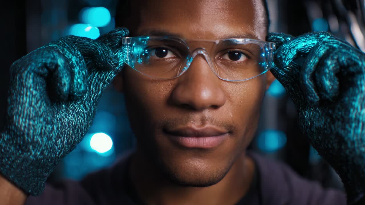 Focused and Determined: A Close-Up Look at a Confident Individual Preparing for a Task, Wearing Safety Glasses and Gloves, Ready to Engage with Technology in a Modern Environment