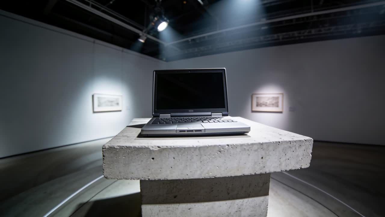 Starting wide shot, camera closing in on laptop on plinth in gallery to highlight display