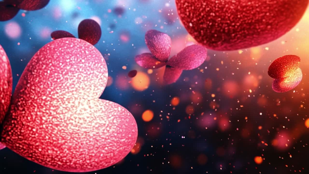Hearts float in the celebration. Floating hearts in shades of pink create a festive atmosphere, surrounded by sparkling light effects and colorful bokeh.