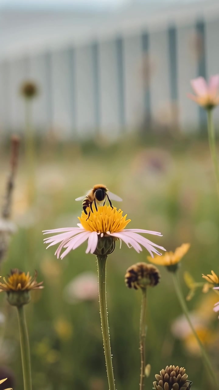 Vertical video: Nectar drawing bee probing pink daisy yellow disk then hovering above meadow, fence