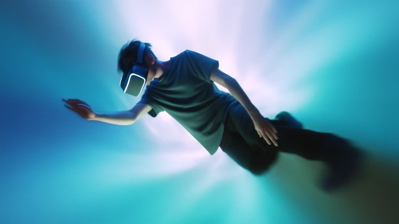 An immersive journey into virtual reality as a young individual navigates a surreal space with goggles on, experiencing a vibrant and dynamic visual environment of motion and light