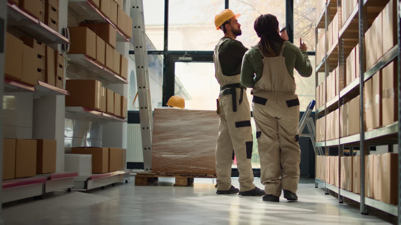 Warehouse workers organizing boxes on shelves