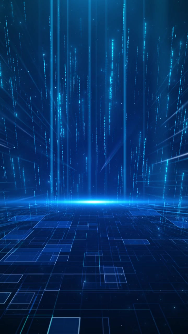 Digitalt blåt lysgitter med lodrette stråler glødende tech-gulv og cyber partikeldybde perfekt til
