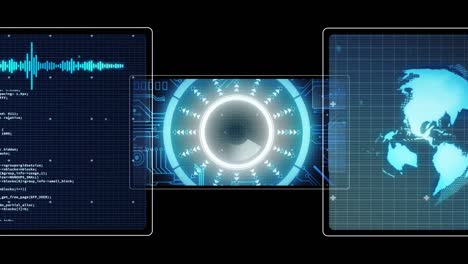 Animation of data processing with scope scanning on black background
