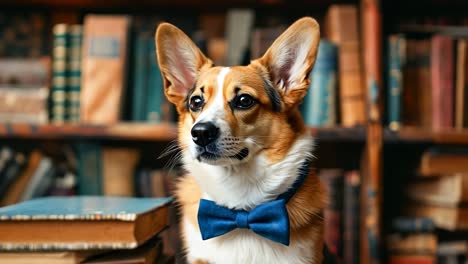 un perro con una corbata azul sentado encima de una pila de libros
