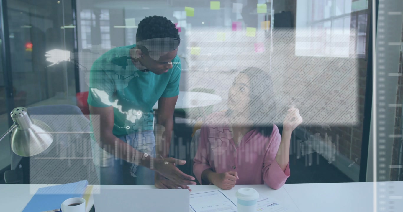 Business coworkers pointing at document triggers animated data graphs between them guiding plan