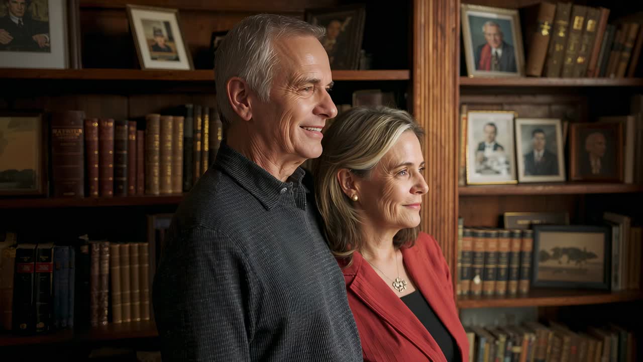 Couple posant en blazer rouge et en maille grise, se préparant pour un portrait alors que la caméra démarre, portraits de bibliothèque