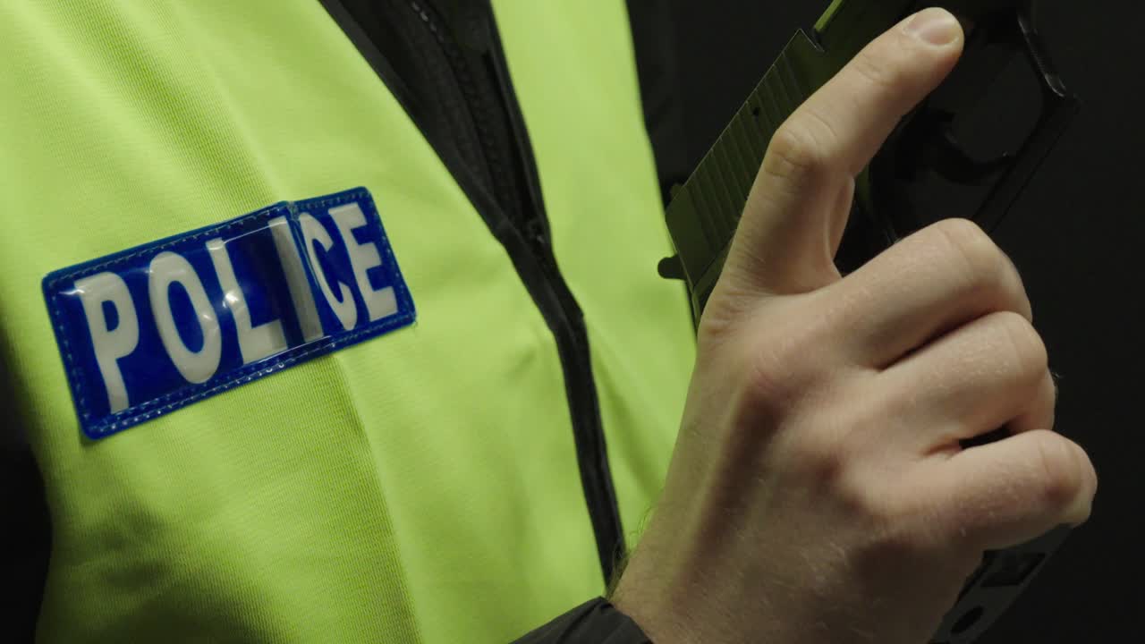 police officer in a high-visibility vest loading a firearm, symbolizing law enforcement readiness, weapon handling, high-risk situations, and serious security operations