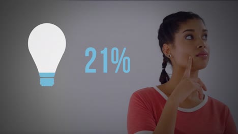 mujer al lado de la forma de la bombilla y los números que se llenan de color 4k