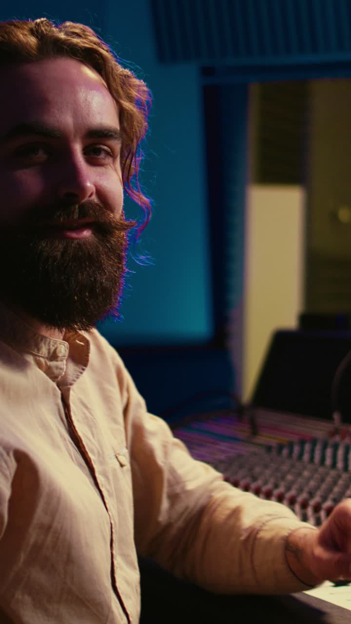 Bearded Man Operating Sound Mixer in Recording Studio