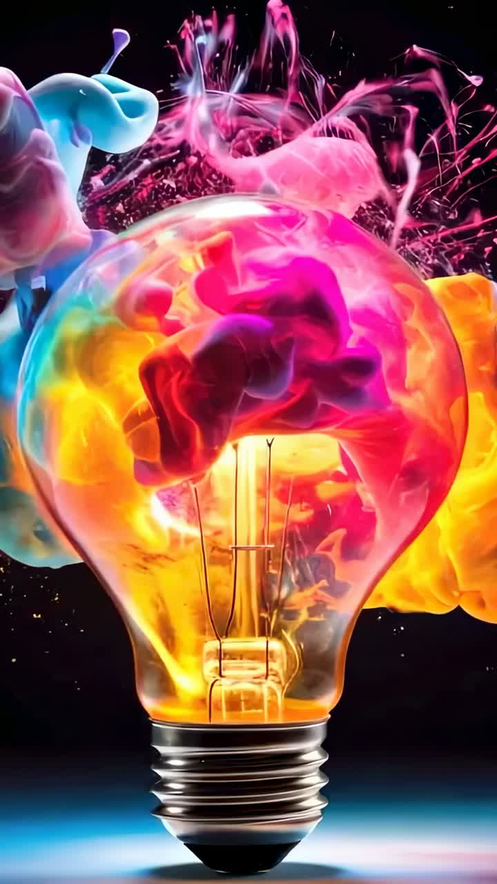 Vertical video: On play swirling pink yellow blue fluid around light bulb in space, forming halo